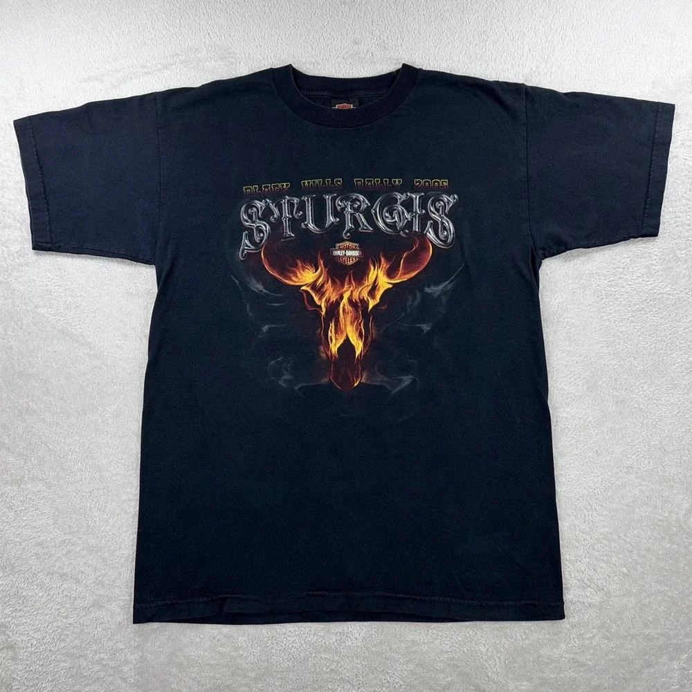 Harley-Davidson Shirt Mens Large Black 2005 Sturgis Black Hills Rally Bull Flame - Picture 1 of 8